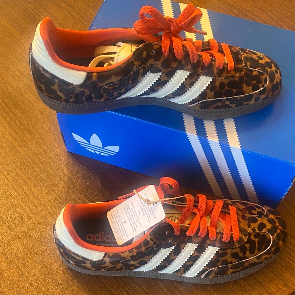adidas Leopard Print Sneakers with Orange Laces and White Stripes - Picture 4 of 5